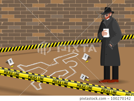 Crime scene. Police detective investigate. Research and explorer of evidence. Dead proof. Young inspection officer. Adhesive tape restricted boundary. Accident line. Vector current design illustration 100270142