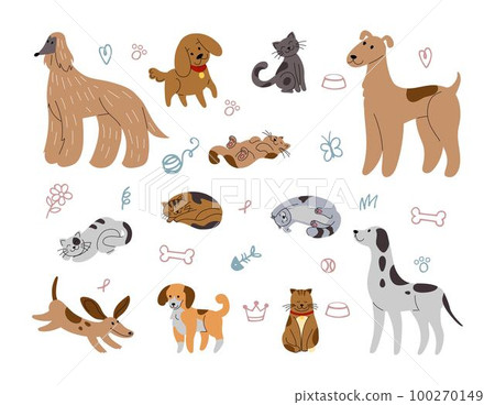 Puppy or kitten portraits. Cute dog and cat. Domestic animals. Funny pets sketch. Different adorable doodle characters. Meow baby. Canine breeds. Sleeping kitties. Vector tidy illustration background Puppy or kitten portraits. Cute dog and cat. Domestic animals. Funny pets sketch. Different adorable doodle characters. Meow baby. Canine breeds. Sleeping kitties. Vector tidy illustration background 100270149