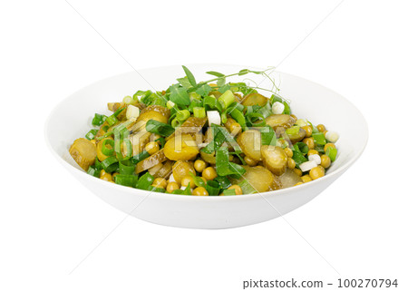 Pickled Gherkins Salad in White Bowl. Chopped Pickled Cucumbers, Canned Green Peas, Green Onions Salat 100270794