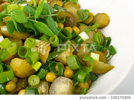 Pickled Gherkins Salad in White Bowl. Chopped Pickled Cucumbers, Canned Green Peas, Green Onions Salat Pickled Gherkins Salad in White Bowl. Chopped Pickled Cucumbers, Canned Green Peas, Green Onions Salat 100270800