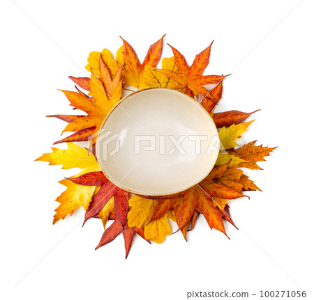Autumn Leaves Kitchen Mockup, Leaf Pile and Empty Plate Top View Autumn Leaves Kitchen Mockup, Leaf Pile and Empty Plate Top View 100271056
