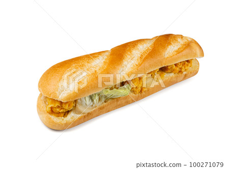 French Baguette Sandwich Isolated, Long Bread Loaf with Chicken Nuggets, Lettuce, Cucumbers on White French Baguette Sandwich Isolated, Long Bread Loaf with Chicken Nuggets, Lettuce, Cucumbers on White 100271079