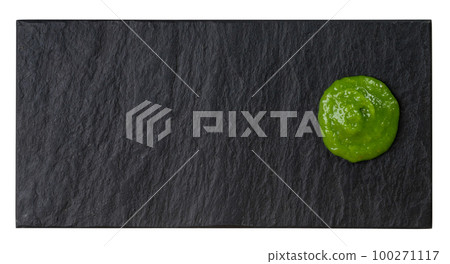 Wasabi Smear on Black Plate, Green Sushi Paste Mockup, Wasabi Paste Smear, Copy Space Wasabi Smear on Black Plate, Green Sushi Paste Mockup, Wasabi Paste Smear, Copy Space 100271117