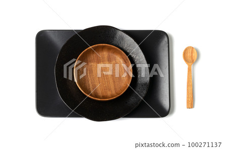Empty Wood Bowls and Plates Isolated, Wooden Bowl, Black Plate Mockup on White Background Top View, Empty Wood Bowls and Plates Isolated, Wooden Bowl, Black Plate Mockup on White Background Top View, 100271137