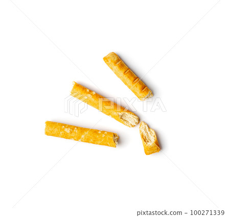 Crumbled Bread Stick Isolated, Broken Breadstick, Grissini, Pretzel Crumbs, Bread Stick on White Background 100271339