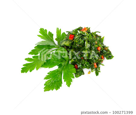 Chimichurri Sauce Isolated, Argentinian Steak Dip, Green Chimichuri with Herbs, Chopped Parsley, Garlic, Olive Oil Chimichurri Sauce Isolated, Argentinian Steak Dip, Green Chimichuri with Herbs, Chopped Parsley, Garlic, Olive Oil 100271399