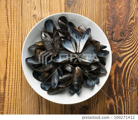Empty Mussels Shell, Black Clams Shells, Eaten Mollusc, Shellfish, Mussel on Wood Background Top View Empty Mussels Shell, Black Clams Shells, Eaten Mollusc, Shellfish, Mussel on Wood Background Top View 100271412
