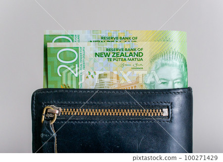 New Zealand currency (20$ Dollars) in the leather wallet. New Zealand currency (20$ Dollars) in the leather wallet. 100271429