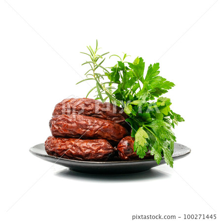 Dry Smoked Sausages Isolated, Salami Sticks, Kielbasa, Cabanossi, Kabanos, Dry Embutido, Chorizo, Bratwurst 100271445