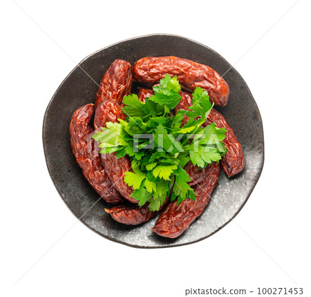 Dry Smoked Sausages Isolated, Salami Sticks, Kielbasa, Cabanossi, Kabanos, Dry Embutido, Chorizo, Bratwurst Dry Smoked Sausages Isolated, Salami Sticks, Kielbasa, Cabanossi, Kabanos, Dry Embutido, Chorizo, Bratwurst 100271453