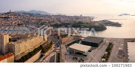 Aerial view of seaside areas of Marseille with Fort Saint-Jean and Old port 100271983