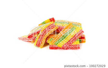 Rainbow Gummy Candy Pile Isolated, Sour Jelly Candies Strips in Sugar Sprinkle, Colorful Striped Marmalade Rainbow Gummy Candy Pile Isolated, Sour Jelly Candies Strips in Sugar Sprinkle, Colorful Striped Marmalade 100272029