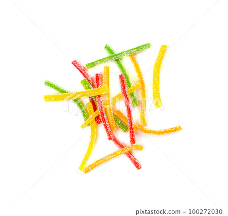 Rainbow Gummy Candy Pile Isolated, Sour Jelly Candies Strips in Sugar Sprinkle, Colorful Striped Marmalade Rainbow Gummy Candy Pile Isolated, Sour Jelly Candies Strips in Sugar Sprinkle, Colorful Striped Marmalade 100272030