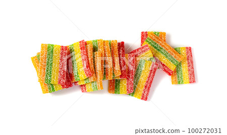 Rainbow Gummy Candy Pile Isolated, Sour Jelly Candies Strips in Sugar Sprinkle, Colorful Striped Marmalade 100272031
