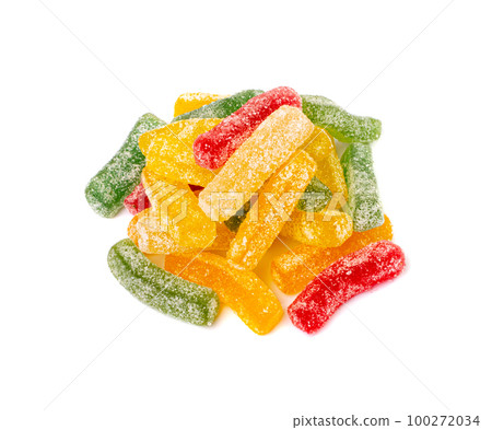 Rainbow Gummy Candy Pile Isolated, Sour Jelly Candies Strips in Sugar Sprinkle, Colorful Striped Marmalade Rainbow Gummy Candy Pile Isolated, Sour Jelly Candies Strips in Sugar Sprinkle, Colorful Striped Marmalade 100272034