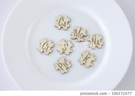 Basic essential macronutrients for humans written on wooden puzzles lying on a white plate 100272077