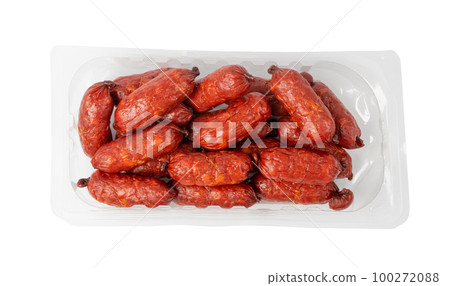 Mini Sausages Isolated, Dry Smoked Salami Sticks, Small Kielbasa, Cabanossi, Kabanos, Dry Embutido, Chorizo 100272088