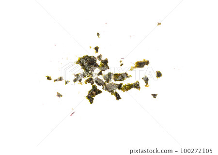 Nori Pieces Isolated, Dried Aonori Seaweed Flakes, Dry Sea Weed Torn Sheet, Seaweed Crumbles, Nori Pieces on White 100272105