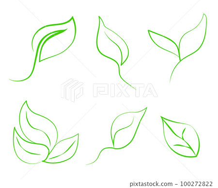 A set of green leaves symbolizing eco, green energy, ecology. Vector image, sketch in line art style A set of green leaves symbolizing eco, green energy, ecology. Vector image, sketch in line art style 100272822