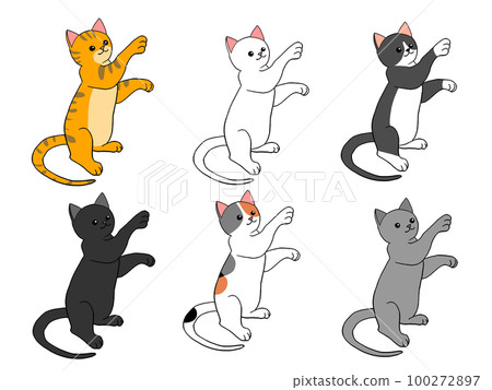 六隻小貓舉起一隻手去抓東西，做出可愛的手勢 100272897