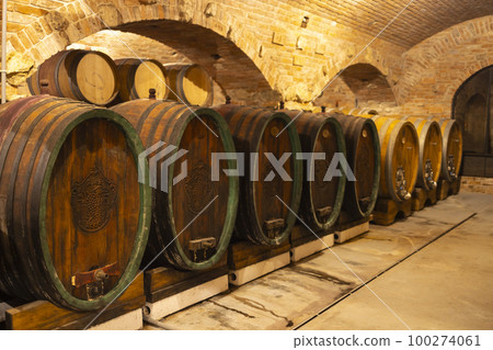 Wine cellars with barrels in Rakvice, Southern Moravia, Czech Republic 100274061