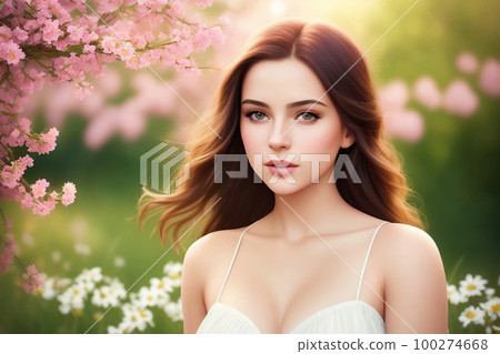 Portrait of a beautiful young woman with green eyes and dark long hair, with flowers against the backdrop of a flowering meadow at spring, cinematic, photorealism. AI generated. 100274668