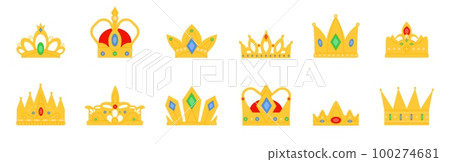 Royal gold crowns icons. Coronation crown, kids and adult kings decoration. Queen tiara, victory symbols set. Decent flat princess vector logo 100274681