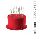 Red festive birthday cake with candles isolated on red background. 100275122