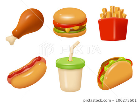 Fast food icons. Burger taco french fries cold drinks coffee street food decent vector plasticine rendering stylized illustrations 100275601