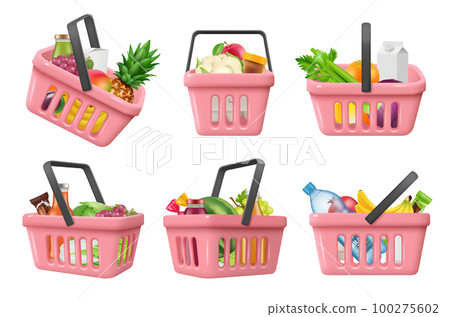 Shopping basket with products. Grocery food in store basket decent vector realistic template 100275602