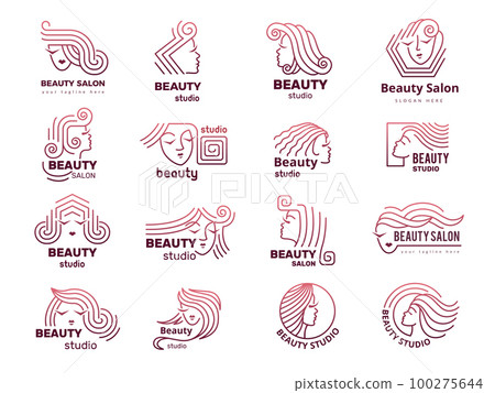 Beauty logo. Woman faces stylized symbols for beauty shop recent vector template set Beauty logo. Woman faces stylized symbols for beauty shop recent vector template set 100275644