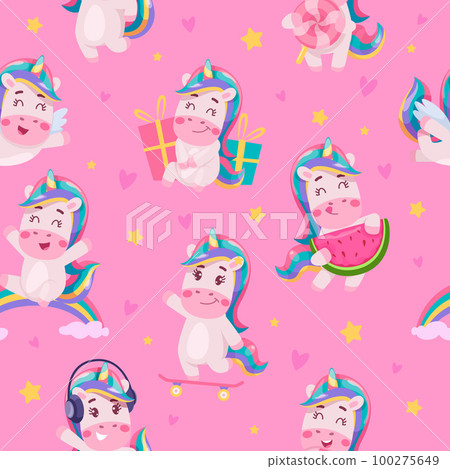 Unicorns pattern. Seamless background with funny cute fairytale animals playing exact vector seamless template Unicorns pattern. Seamless background with funny cute fairytale animals playing exact vector seamless template 100275649