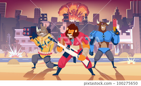 Armored animals. Fantasy war with aliens exact vector cartoon background Armored animals. Fantasy war with aliens exact vector cartoon background 100275650