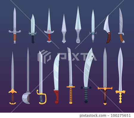 Swords. Fairytale weapons for battle cartoon war with cutting and stabbing swords and knifes exact vector illustrations set Swords. Fairytale weapons for battle cartoon war with cutting and stabbing swords and knifes exact vector illustrations set 100275651