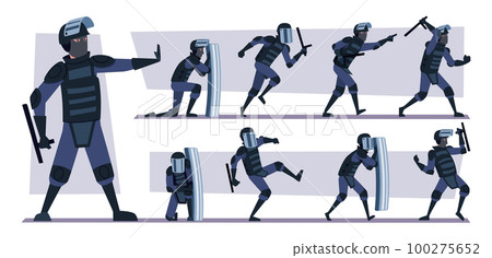 Armored police. Action squad officers fighting poses exact vector police characters 100275652
