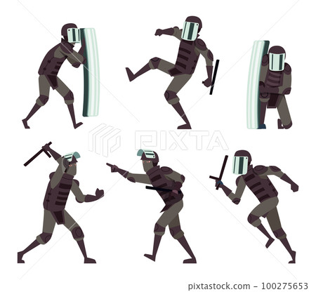 Squad police. Action attack police officers in uniforms with weapons exact vector cartoon characters Squad police. Action attack police officers in uniforms with weapons exact vector cartoon characters 100275653