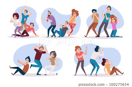 Scared characters. People standing in various poses survivors and scared people exact vector cartoon illustrations 100275654