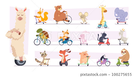Animals riding. Cartoon mascots wild animals riders various vehicles bikes and scooters exact vector illustrations collection 100275655