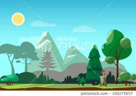 Landscape. trees and rocks outdoor landscape with shiny weather. Vector cartoon background Landscape. trees and rocks outdoor landscape with shiny weather. Vector cartoon background 100275657