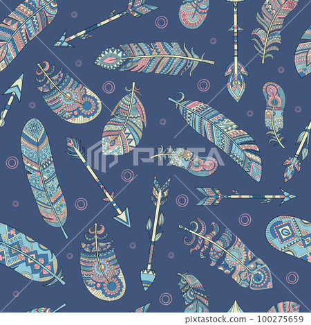 Boho pattern. authentic stylized feathers. vector tribal seamless background 100275659