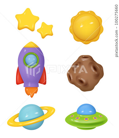 Clay rocket. Plasticine space elements rocket sattelite telescope realistic render collection decent vector template 100275660