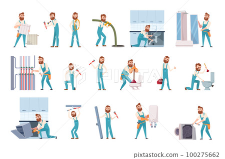 Plumber scenes. Repair service mascots working at home fixing washing machine and boilers exact vector cartoon people 100275662
