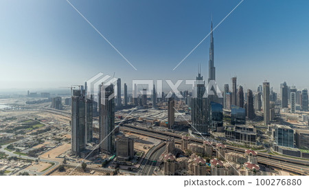 Panorama showing aerial view of tallest towers in Dubai Downtown skyline and highway timelapse. Panorama showing aerial view of tallest towers in Dubai Downtown skyline and highway timelapse. 100276880