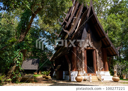 intricate details of the buildings design and the contrast between their sharp edges and organic surroundings. 100277221