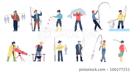 Cartoon fishers characters. Fishermen active relax, recreation on nature and hobby. Fishing leisure, man holding giant fish. Men with rods recent vector set Cartoon fishers characters. Fishermen active relax, recreation on nature and hobby. Fishing leisure, man holding giant fish. Men with rods recent vector set 100277251