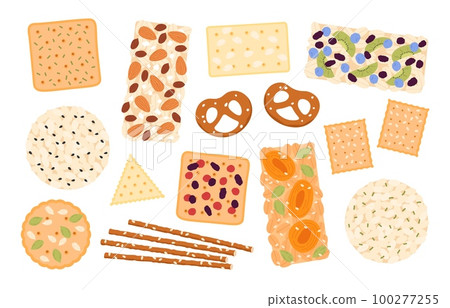 Healthy snacks seed nuts and fruits. Rice seed cracker and bread, biscuit with seeds. Dry fruit, energy athletic sport food. Snack options racy vector set Healthy snacks seed nuts and fruits. Rice seed cracker and bread, biscuit with seeds. Dry fruit, energy athletic sport food. Snack options racy vector set 100277255