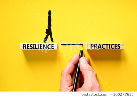 Resilience practices symbol. Concept word Resilience practices typed wooden blocks. Beautiful yellow table yellow background. Businessman hand. Business and resilience practices concept. Copy space. 100277635