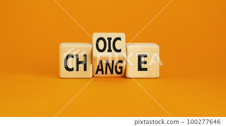 Choice and change symbol. Concept word Choice Change on wooden cubes. Beautiful orange table orange background. Business and choice and change concept. Copy space. Choice and change symbol. Concept word Choice Change on wooden cubes. Beautiful orange table orange background. Business and choice and change concept. Copy space. 100277646