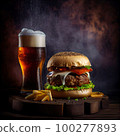 Homemade burger with grilled beef, cheese, onion, tomato, and green salad, sauce, with pickles and French fries,and a glass of beer in the background. 100277893