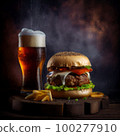 Homemade burger with grilled beef, cheese, onion, tomato, and green salad, sauce, with pickles and French fries,and a glass of beer in the background. 100277910
